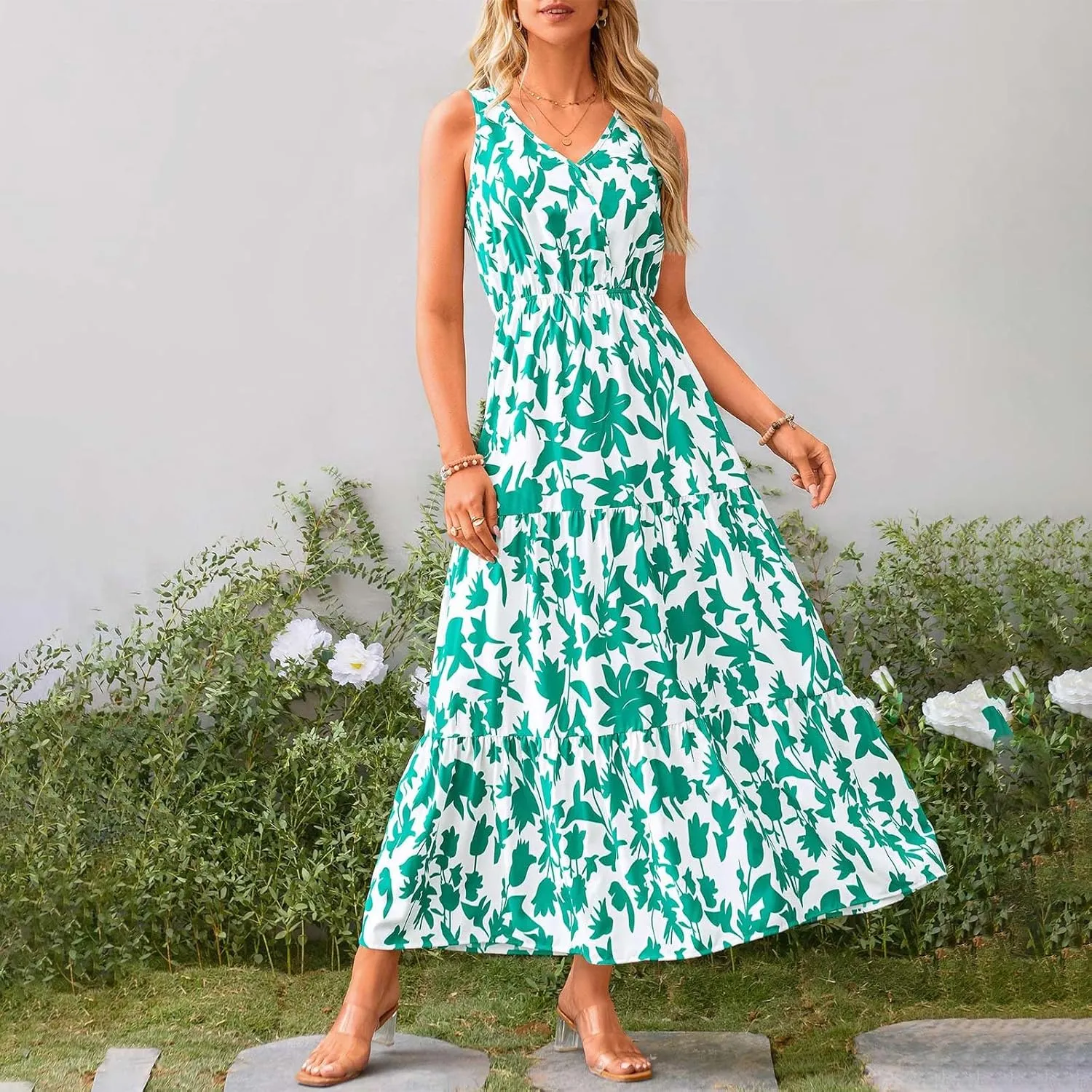 Boho Dresses for Women 2025 Summer Casual Flowy Floral Sleeveless Wrap Empire Waist Pleated Beach A Line Maxi Dresses