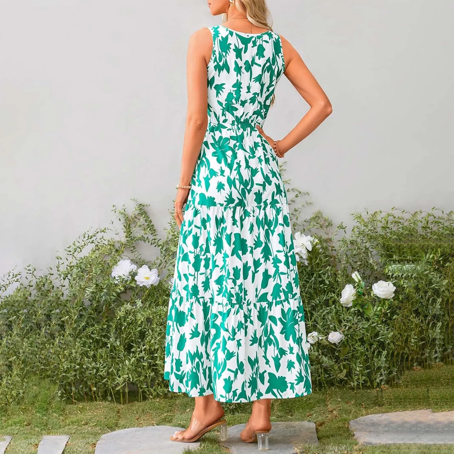 Boho Dresses for Women 2025 Summer Casual Flowy Floral Sleeveless Wrap Empire Waist Pleated Beach A Line Maxi Dresses