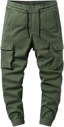 Casual Cargo Pants for Men Drawstring Elastic Waist Athletic Tapered Pants Outdoor Sports Joggers with Multi Pockets