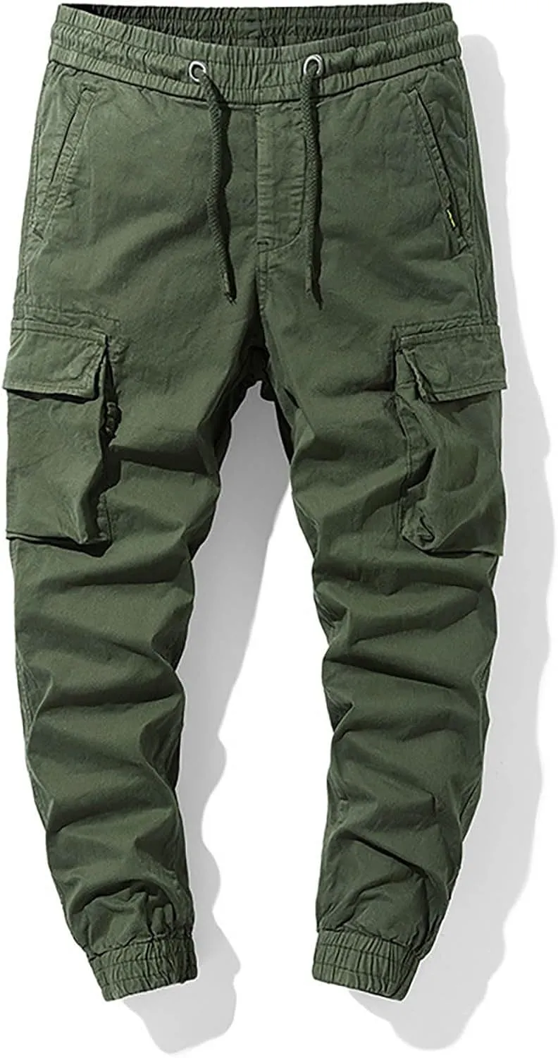 Casual Cargo Pants for Men Drawstring Elastic Waist Athletic Tapered Pants Outdoor Sports Joggers with Multi Pockets