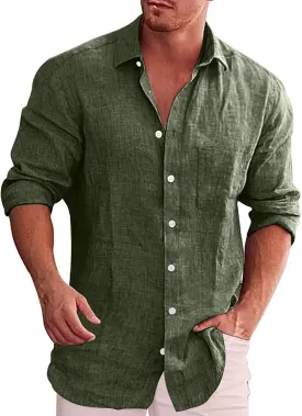 CRNTCEM Mens Long Sleeve Cotton Linen Shirts Lightweight Casual Button Down Collared Work Shirts Summer Outdoor Beach Blouses