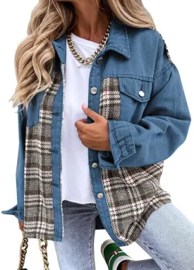 Denim Jacket for Women Plaid Lapel Long Sleeve Button Down Jean Coat Fall Trendy Jacket Outfits with Pockets