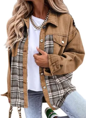 Denim Jacket for Women Plaid Lapel Long Sleeve Button Down Jean Coat Fall Trendy Jacket Outfits with Pockets