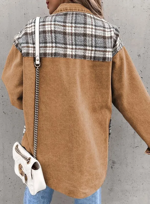 Denim Jacket for Women Plaid Lapel Long Sleeve Button Down Jean Coat Fall Trendy Jacket Outfits with Pockets
