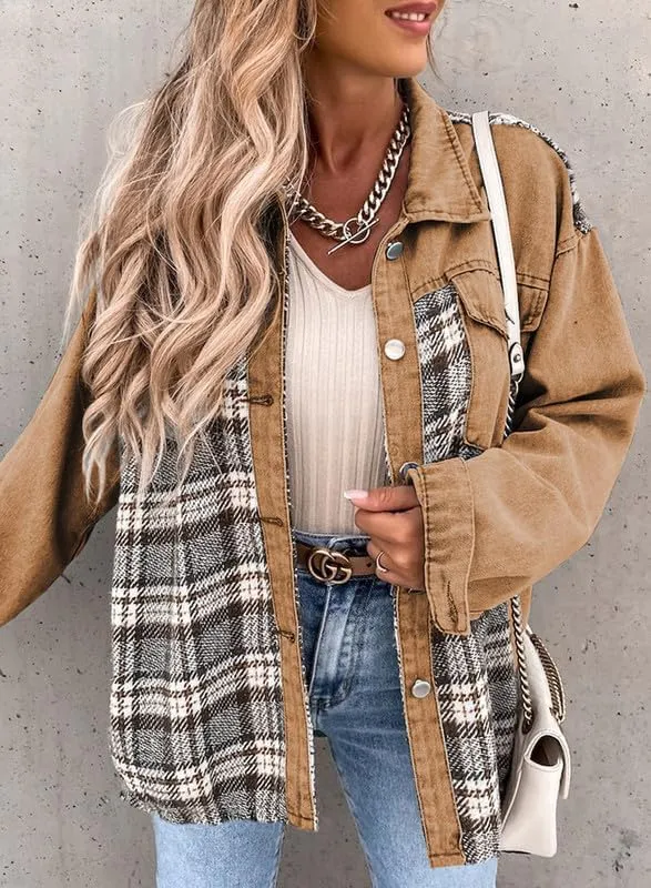 Denim Jacket for Women Plaid Lapel Long Sleeve Button Down Jean Coat Fall Trendy Jacket Outfits with Pockets