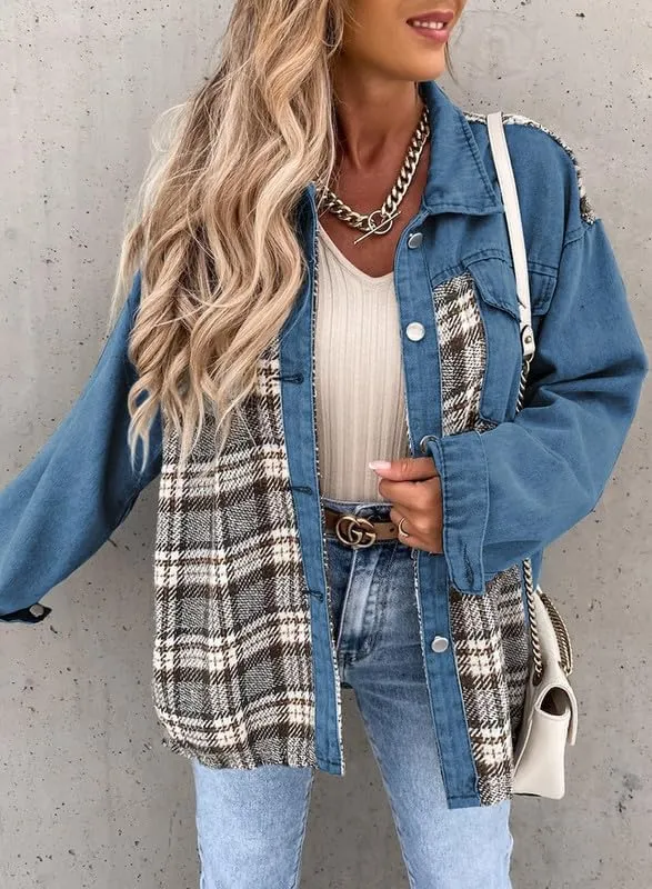 Denim Jacket for Women Plaid Lapel Long Sleeve Button Down Jean Coat Fall Trendy Jacket Outfits with Pockets