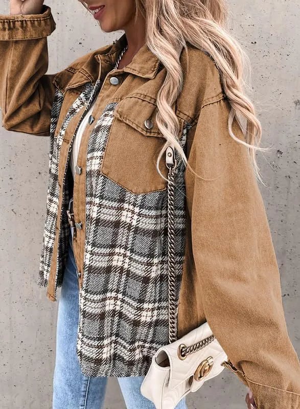 Denim Jacket for Women Plaid Lapel Long Sleeve Button Down Jean Coat Fall Trendy Jacket Outfits with Pockets