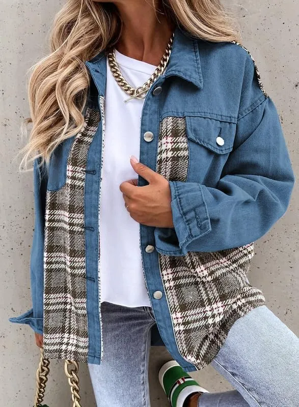 Denim Jacket for Women Plaid Lapel Long Sleeve Button Down Jean Coat Fall Trendy Jacket Outfits with Pockets