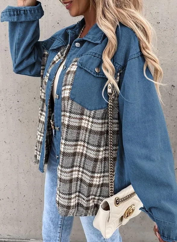 Denim Jacket for Women Plaid Lapel Long Sleeve Button Down Jean Coat Fall Trendy Jacket Outfits with Pockets