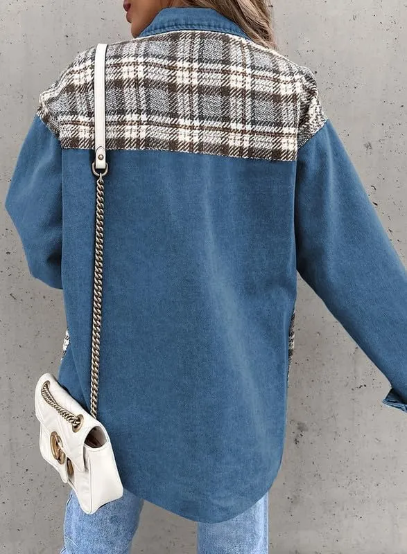 Denim Jacket for Women Plaid Lapel Long Sleeve Button Down Jean Coat Fall Trendy Jacket Outfits with Pockets