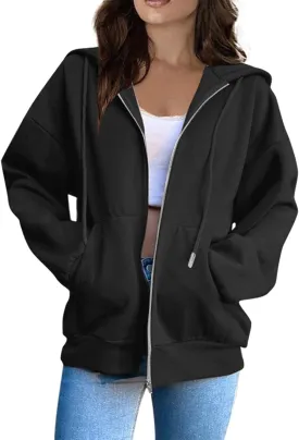 Fashion Hoodies Vintage Zipper Oversized Loose Fit Hoodies Women Long Sleeve Solid Jackets Soft Outdoor Sweatshirt