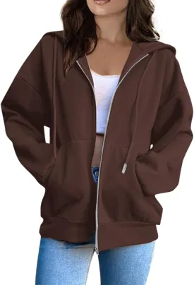 Fashion Hoodies Vintage Zipper Oversized Loose Fit Hoodies Women Long Sleeve Solid Jackets Soft Outdoor Sweatshirt