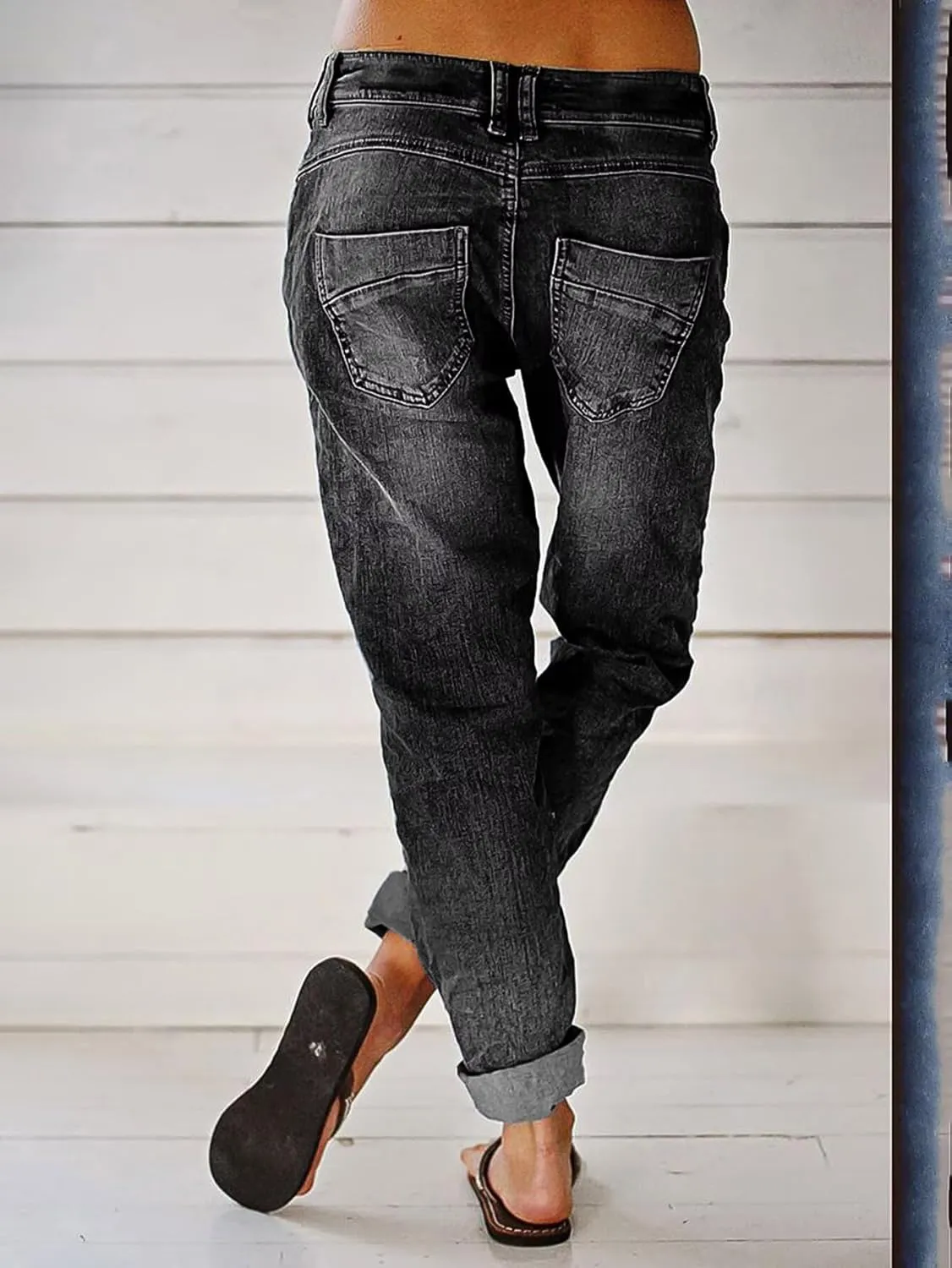 Flamingals Women's Stretchy Straight Leg Casual Low Rise Jeans Wash Button Fly Stitch Detail 90s Trendy Denim Jeans
