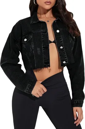 Floerns Women's Casual Drop Shoulder Ripped Crop Denim Jean Jacket