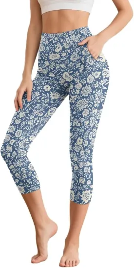 Galaxy High Waisted Capri Leggings for Women, Lotus Mandala Tummy Control Yoga Pants Butterfly Stretchy Leggings