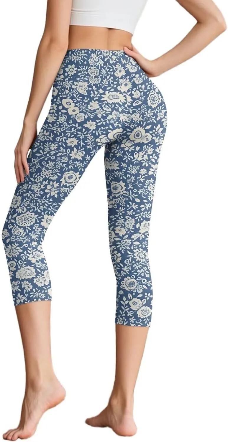 Galaxy High Waisted Capri Leggings for Women, Lotus Mandala Tummy Control Yoga Pants Butterfly Stretchy Leggings