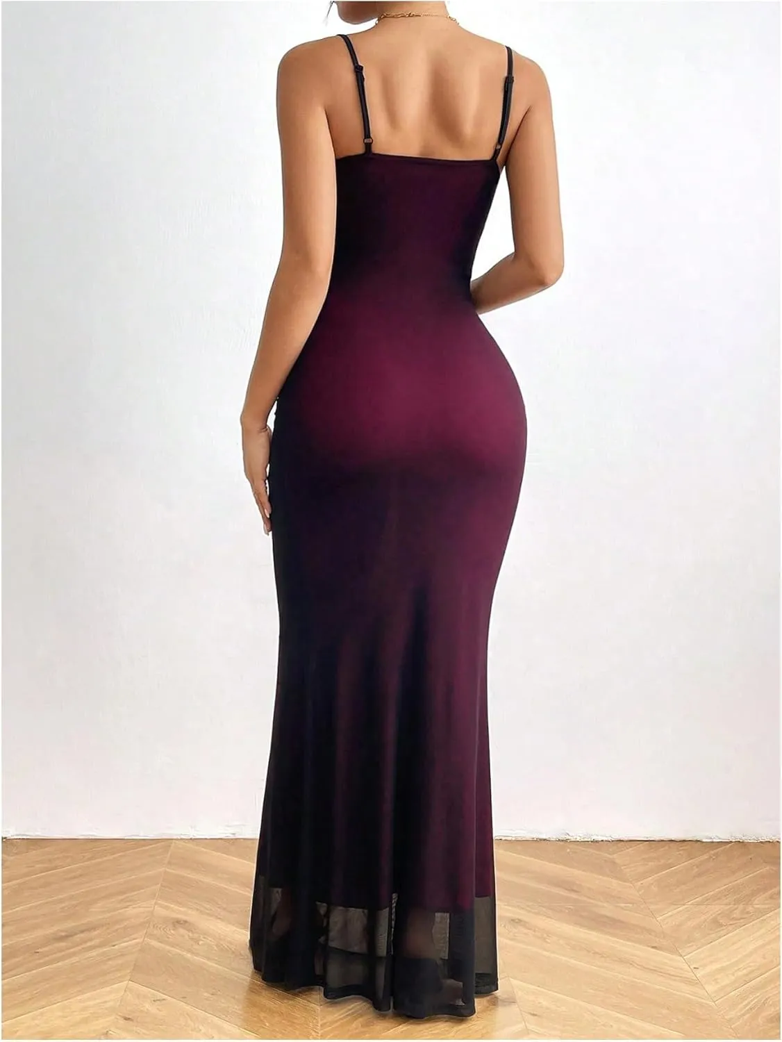 GORGLITTER Women's Mesh Bodycon Maxi Slip Dress Spaghetti Strap Backless Party Long Cami Dresses