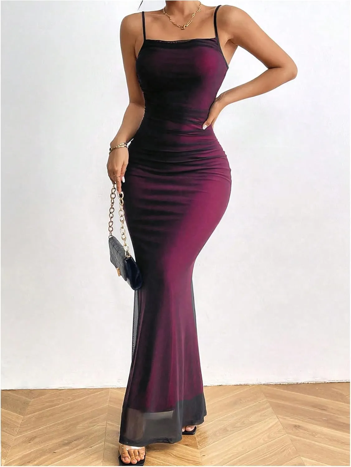 GORGLITTER Women's Mesh Bodycon Maxi Slip Dress Spaghetti Strap Backless Party Long Cami Dresses