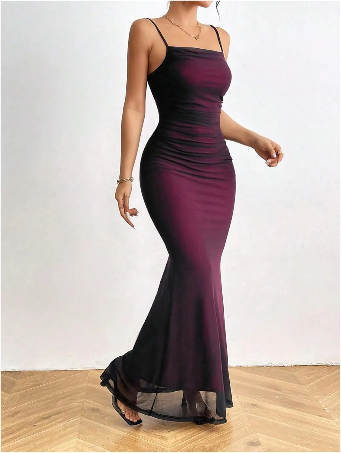 GORGLITTER Women's Mesh Bodycon Maxi Slip Dress Spaghetti Strap Backless Party Long Cami Dresses