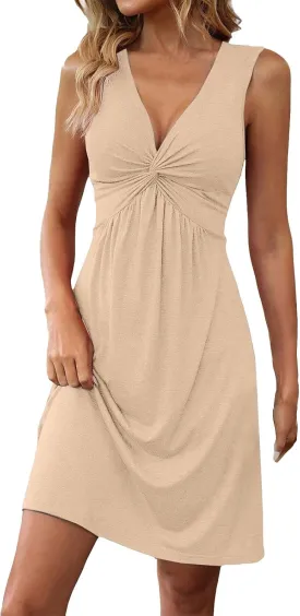 Knotted Front Dresses for Women V Neck Sleeveless Tank Dresses A Line Casual Sundress Vacasion Outfits
