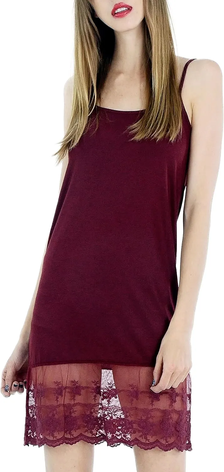 MELODY Women's lightweight layering lace ruffle knit full slip dress extender with adjustable straps Wine