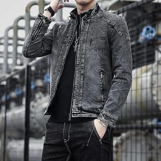 Men's Vintage Stand Collar Denim Jacket Casual Lightweight Distressed Motorcycle Coat Slim Zipper Warm Jean Jacket