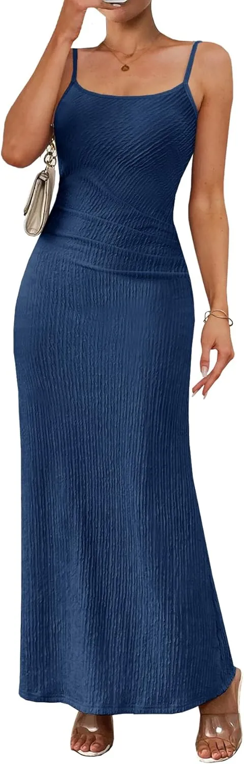 MITILLY Summer Slip Bodycon Maxi Dress Elegant Spaghetti Strap Textured Basic Sexy Ruched Dress for Women Cocktail Party