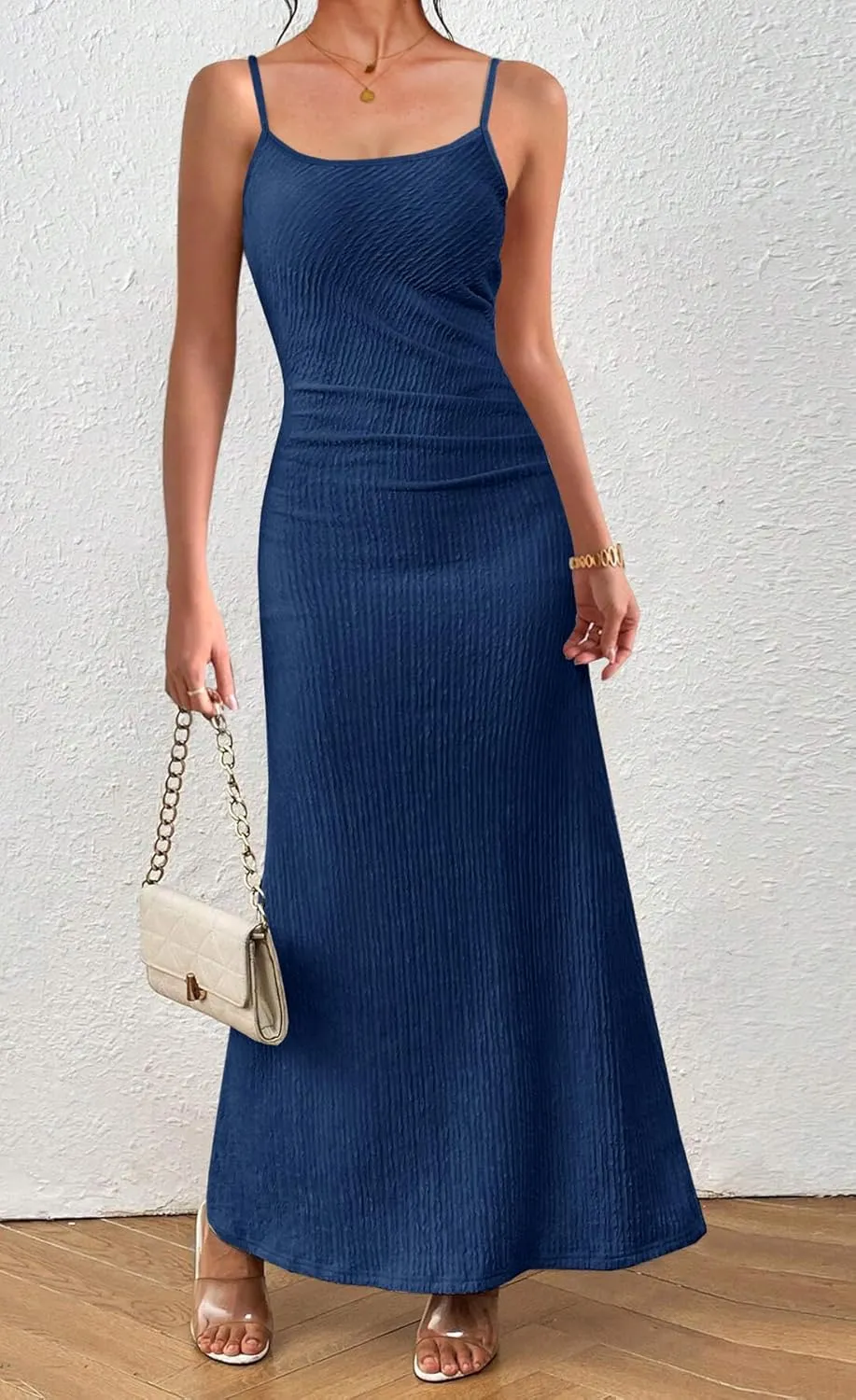 MITILLY Summer Slip Bodycon Maxi Dress Elegant Spaghetti Strap Textured Basic Sexy Ruched Dress for Women Cocktail Party