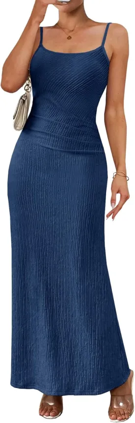 MITILLY Summer Slip Bodycon Maxi Dress Elegant Spaghetti Strap Textured Basic Sexy Ruched Dress for Women Cocktail Party