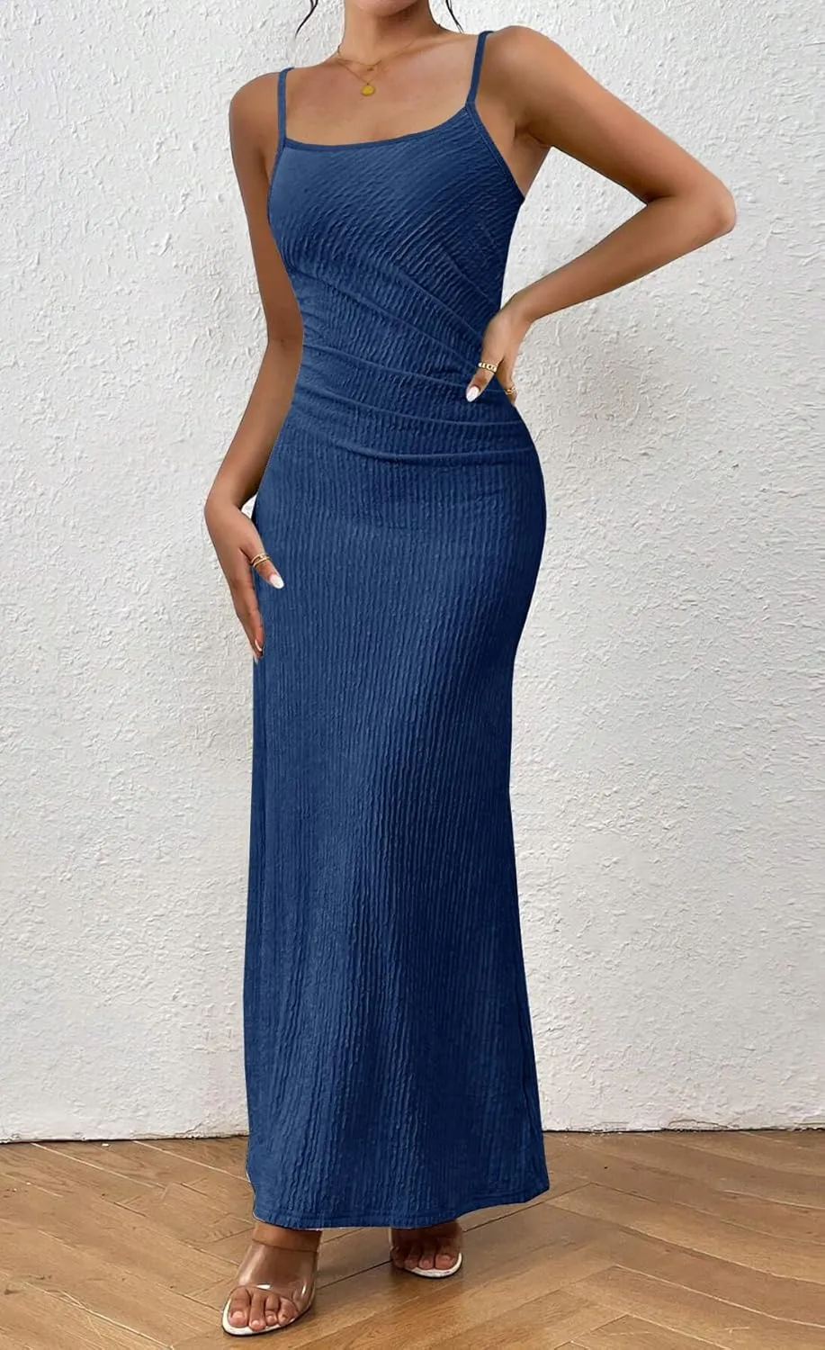 MITILLY Summer Slip Bodycon Maxi Dress Elegant Spaghetti Strap Textured Basic Sexy Ruched Dress for Women Cocktail Party