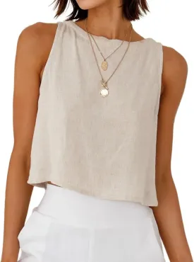 Mywinway Linen Tank Tops for Women Cotton Summer Sleeveless Cropped Casual Fashion Cute Tops