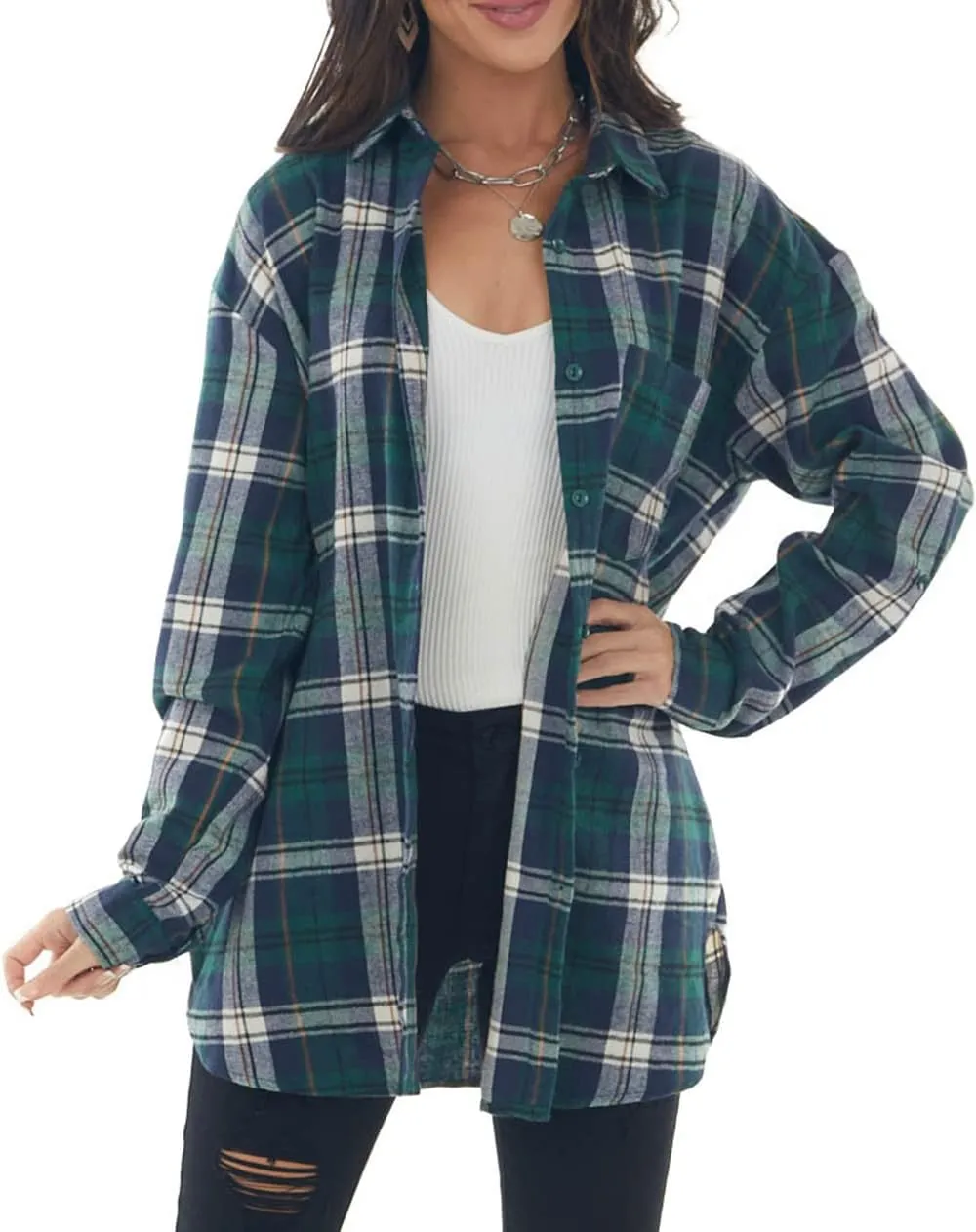 NUOREEL Womens Plaid Shirts Button Down Flannel Shirts Boyfriend Long Sleeve Shirts