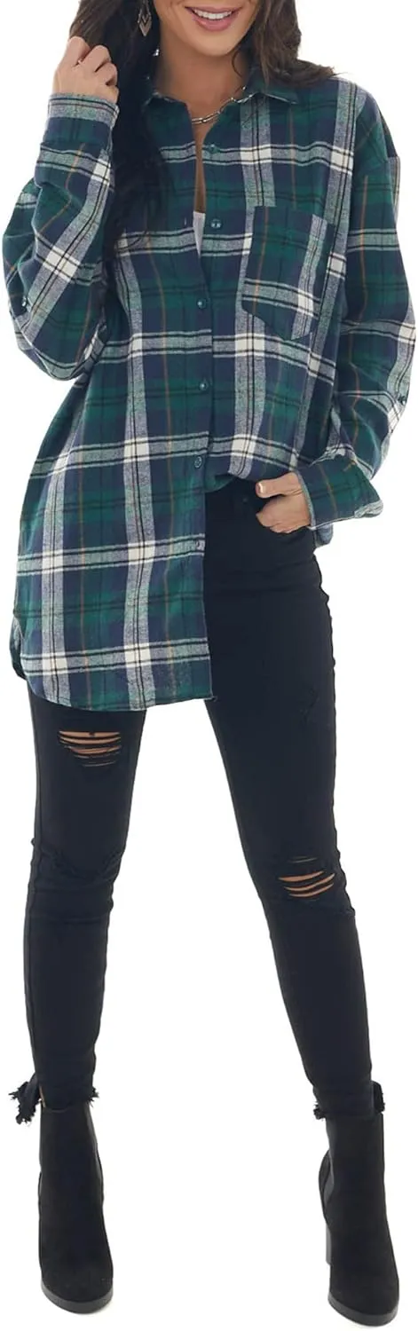 NUOREEL Womens Plaid Shirts Button Down Flannel Shirts Boyfriend Long Sleeve Shirts