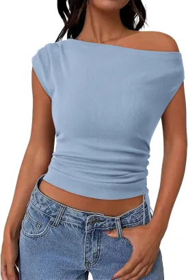 PRETTYGARDEN Womens 2025 Summer Off The Shoulder Crop Cute Tops Sleeveless One Shoulder Ruched Y2K Going Out Tank Top