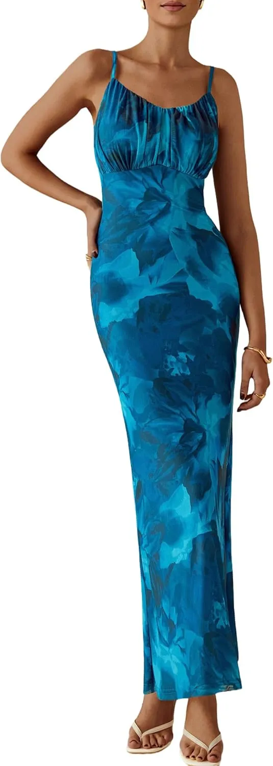 PRETTYGARDEN Women's Bodycon Maxi Dress 2025 Summer Floral Sundress Sleeveless Spaghetti Strap Cocktail Party Dress