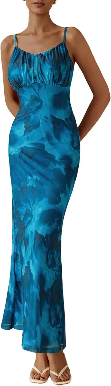 PRETTYGARDEN Women's Bodycon Maxi Dress 2025 Summer Floral Sundress Sleeveless Spaghetti Strap Cocktail Party Dress