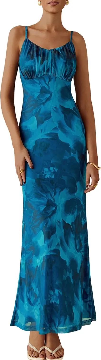 PRETTYGARDEN Women's Bodycon Maxi Dress 2025 Summer Floral Sundress Sleeveless Spaghetti Strap Cocktail Party Dress