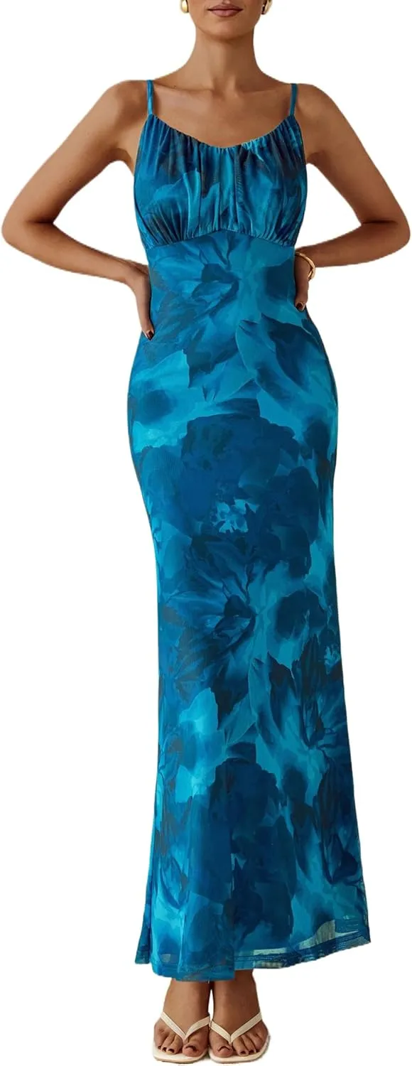 PRETTYGARDEN Women's Bodycon Maxi Dress 2025 Summer Floral Sundress Sleeveless Spaghetti Strap Cocktail Party Dress