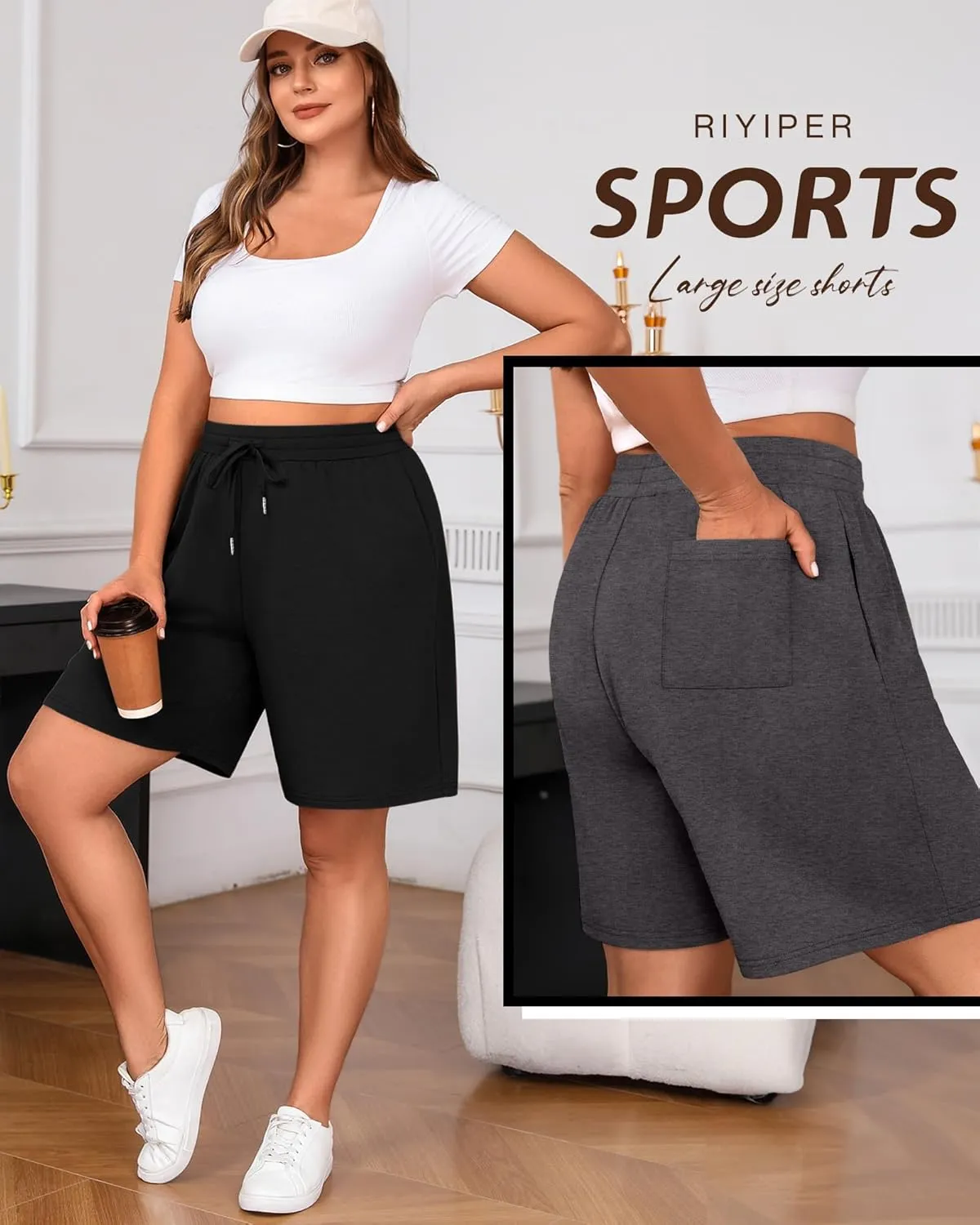 Riyiper 3 Pack Women's Plus Size Shorts Drawstring Bermuda Shorts Casual Wide Leg Knee Length Shorts with Pockets