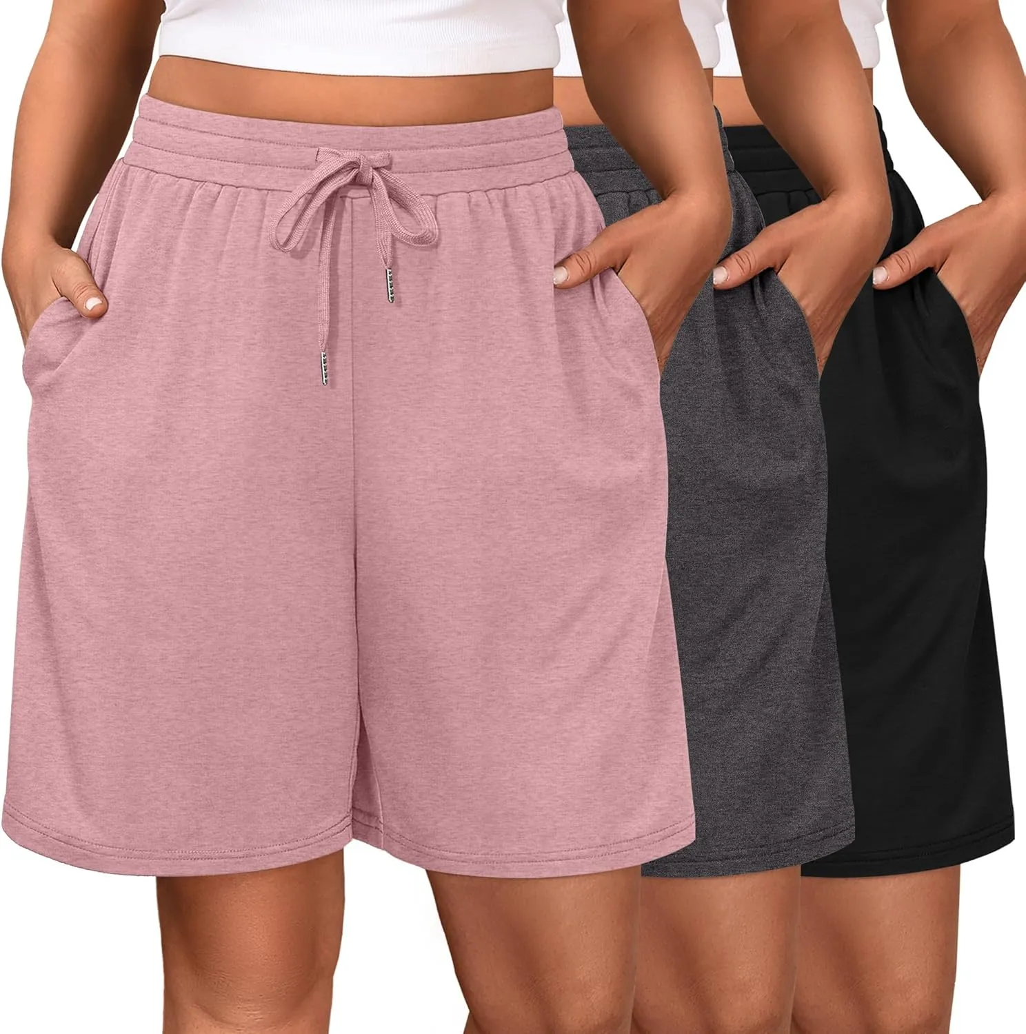 Riyiper 3 Pack Women's Plus Size Shorts Drawstring Bermuda Shorts Casual Wide Leg Knee Length Shorts with Pockets