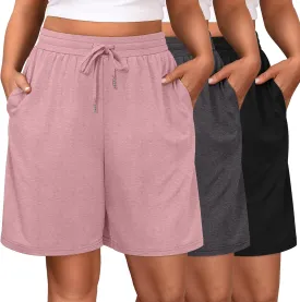 Riyiper 3 Pack Women's Plus Size Shorts Drawstring Bermuda Shorts Casual Wide Leg Knee Length Shorts with Pockets