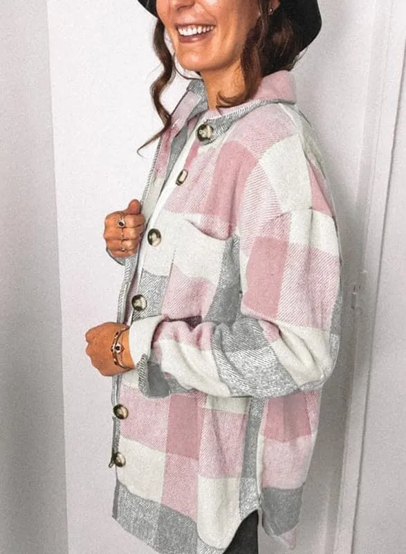 SHEWIN Womens Long Sleeve Plaid Shirts Flannel Lapel Button Down Shacket Jacket Coats