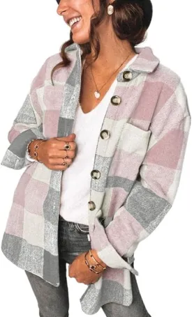 SHEWIN Womens Long Sleeve Plaid Shirts Flannel Lapel Button Down Shacket Jacket Coats