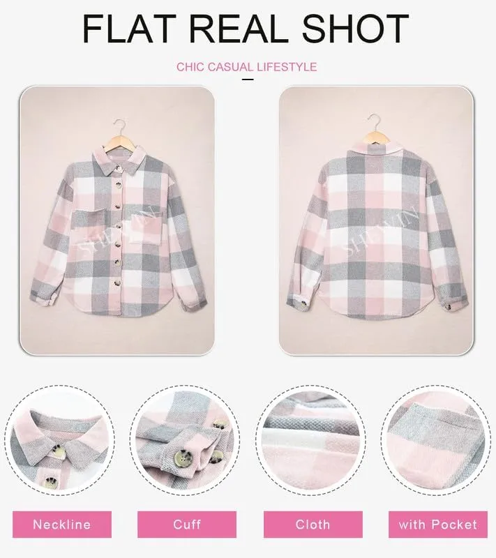 SHEWIN Womens Long Sleeve Plaid Shirts Flannel Lapel Button Down Shacket Jacket Coats