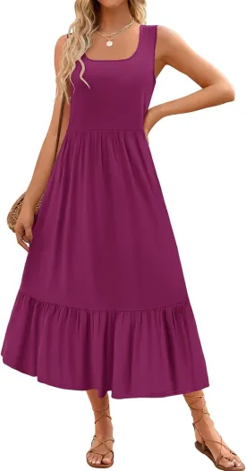 Summer Dresses for Women Sleeveless Long Beach Sundress Square Neck Casual Tiered Long Dress Loose Plain Maxi Sundress