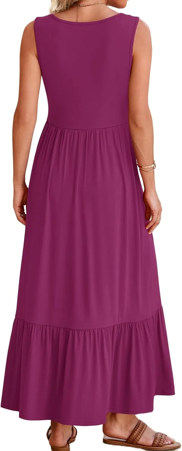 Summer Dresses for Women Sleeveless Long Beach Sundress Square Neck Casual Tiered Long Dress Loose Plain Maxi Sundress