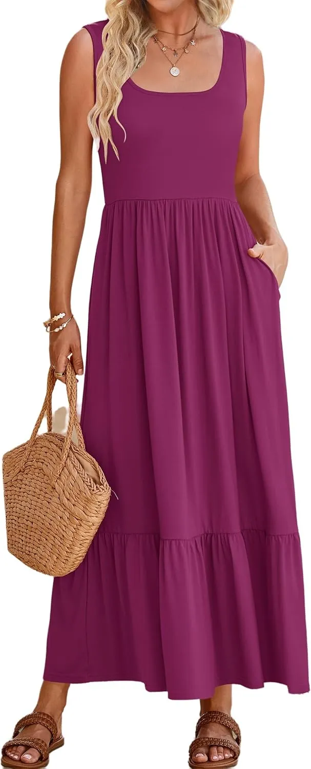 Summer Dresses for Women Sleeveless Long Beach Sundress Square Neck Casual Tiered Long Dress Loose Plain Maxi Sundress