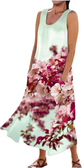 Sundresses for Womens Casual Sleeveless Cotton Linen Long Dress Flowy Beach Floral Print Dresses with Pockets
