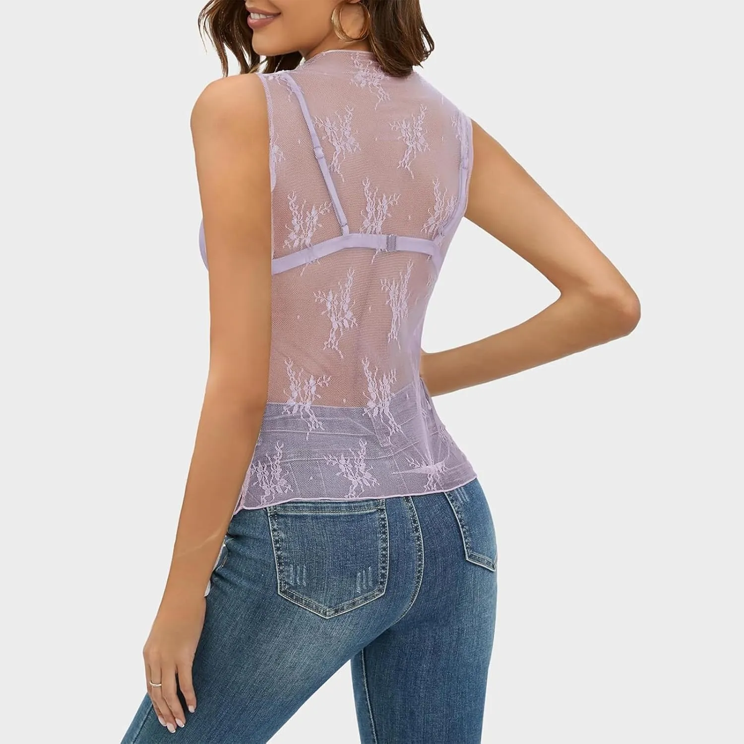 Women Sheer Mesh Tank Top Sleeveless See Through Camisole Layering Undershirt Sexy Summer Y2k Going Out Cami Tops