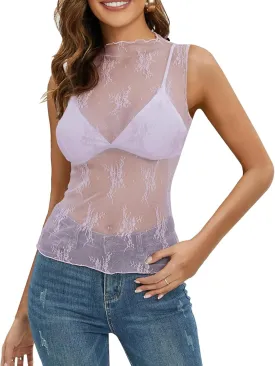 Women Sheer Mesh Tank Top Sleeveless See Through Camisole Layering Undershirt Sexy Summer Y2k Going Out Cami Tops